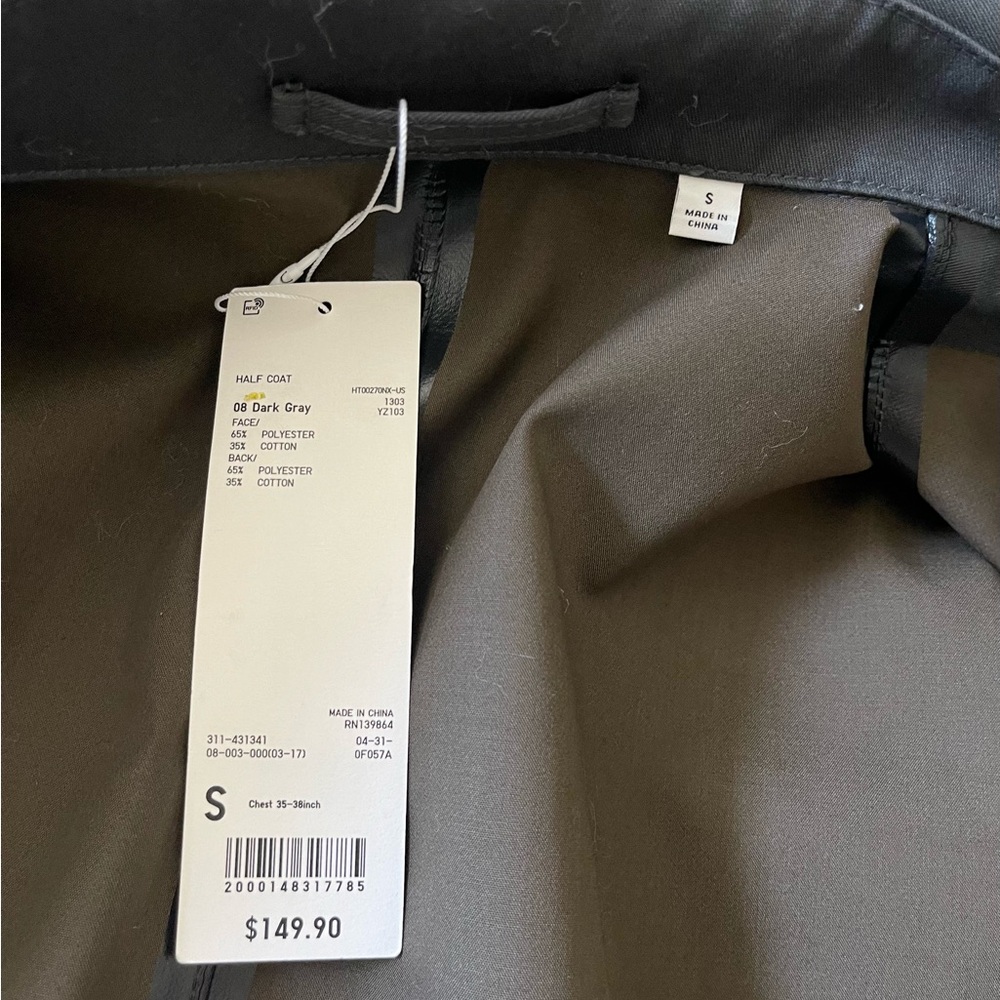 Uniqlo Gray Trench Coat Structured Tailored Design, Size S, NWT - Picture 6 of 6